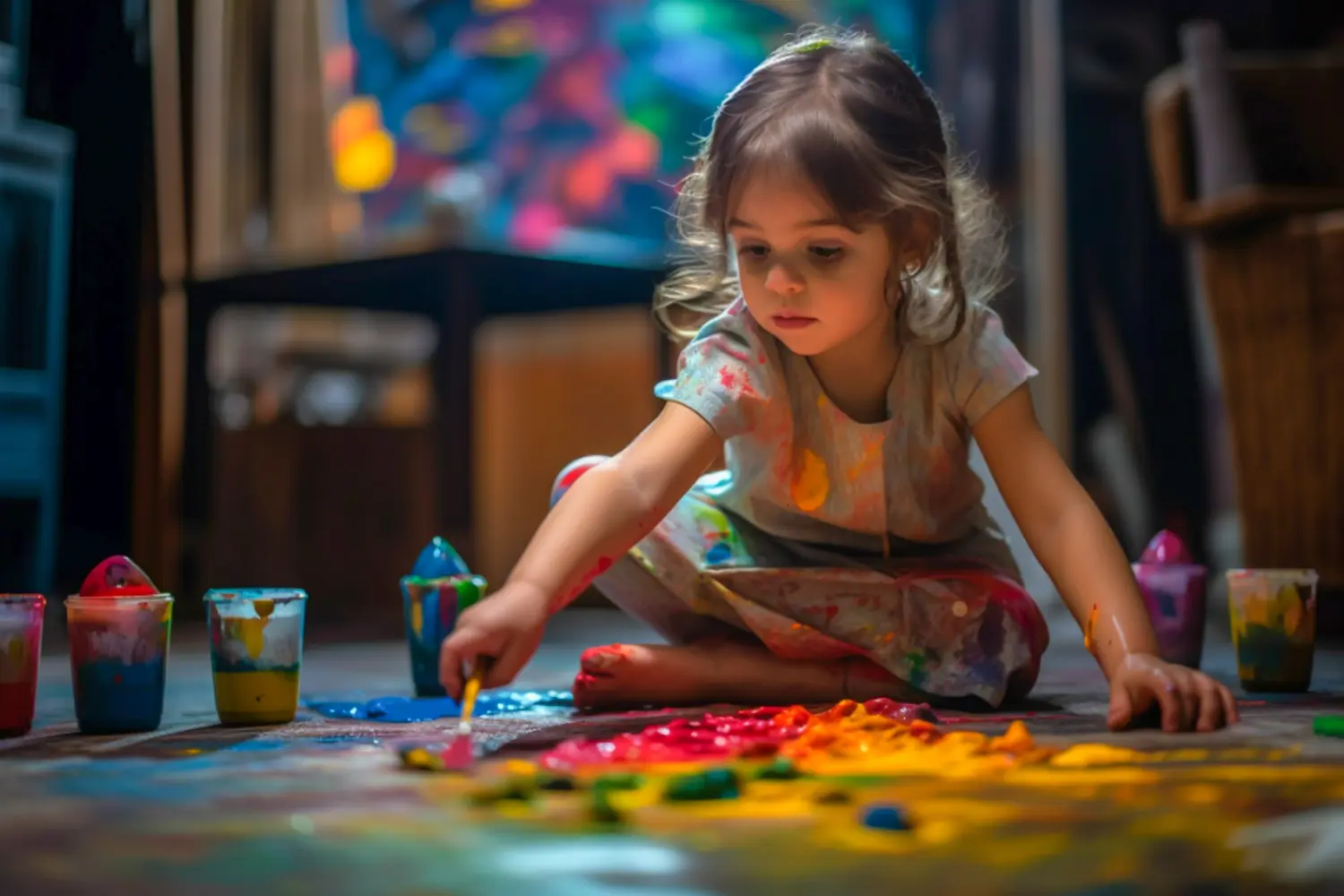 Kleines Mädchen sitzt und spielt mit Farben